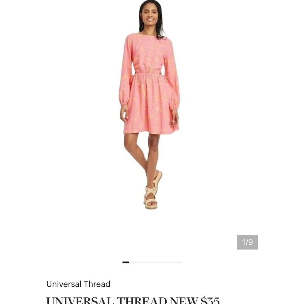 Universal Thread Pink Printed Long-Sleeve Elastic-Waist Dress (308)